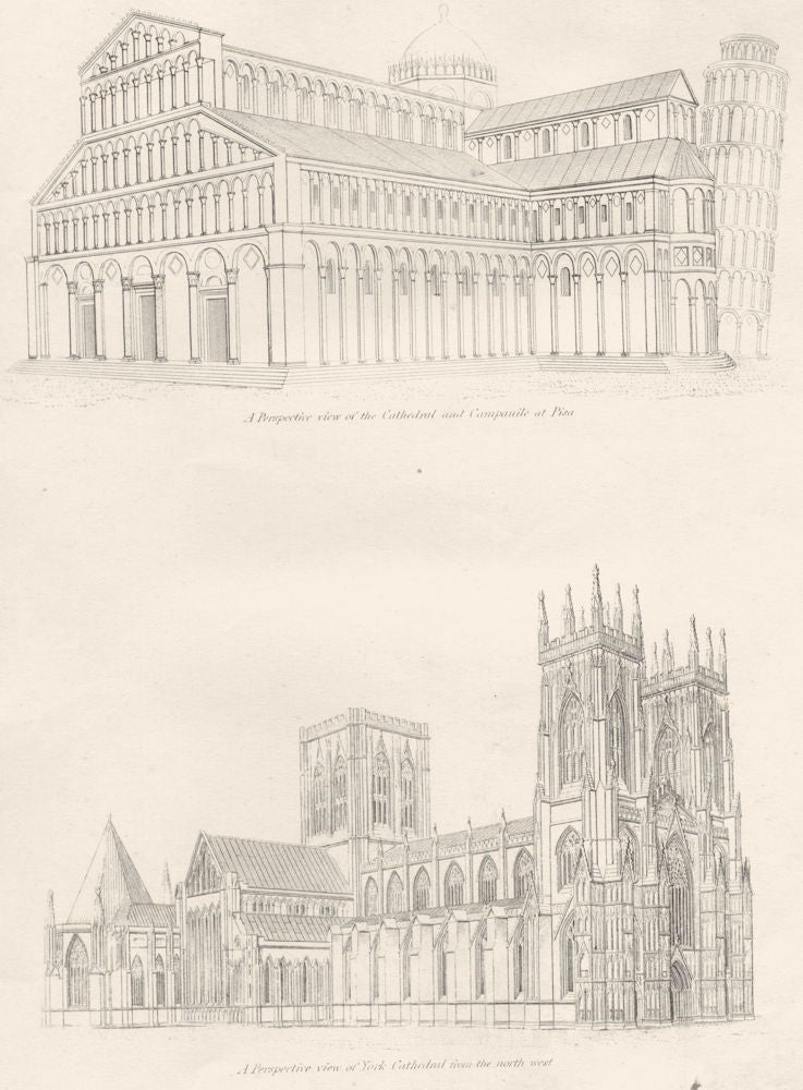 ITALY. cath. Campanile Pisa; York cath.  1880 old antique print picture